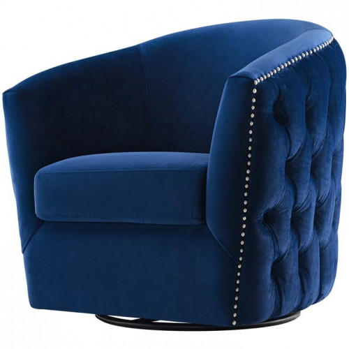 Blue Velvet Back Tufted Barrel Shaped Swivel Chair