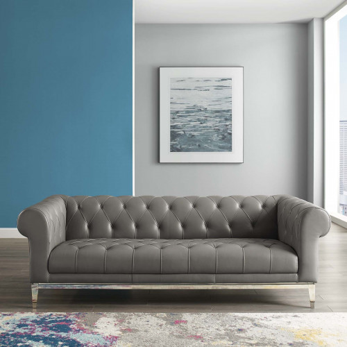 Button Tufted Leather Upholstered Grey Chesterfield Sofa  