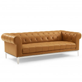 Button Tufted Leather Upholstered Tan Chesterfield Sofa  