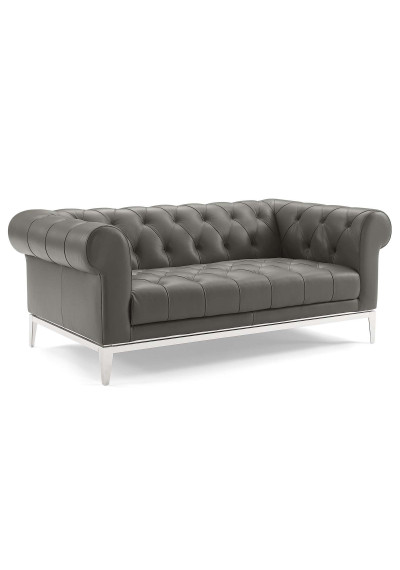 Button Tufted Leather Upholstered Grey Chesterfield Loveseat