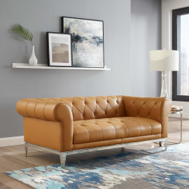 Button Tufted Leather Upholstered Tan Chesterfield Loveseat 