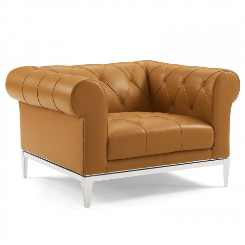Button Tufted Leather Upholstered Tan Chesterfield Armchair  