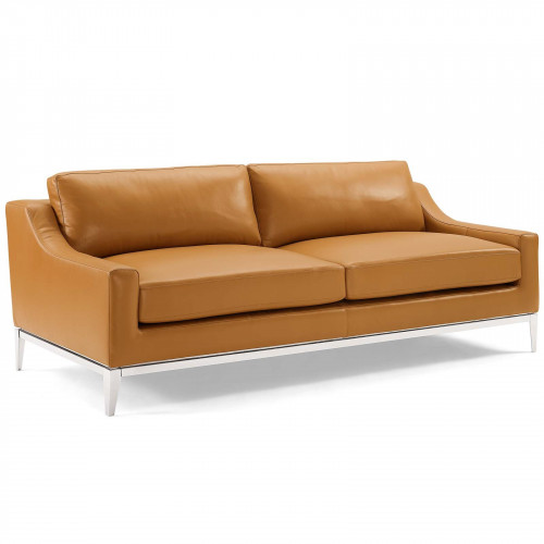 Sleek Modern Tan Leather & Stainless Steel Sofa  