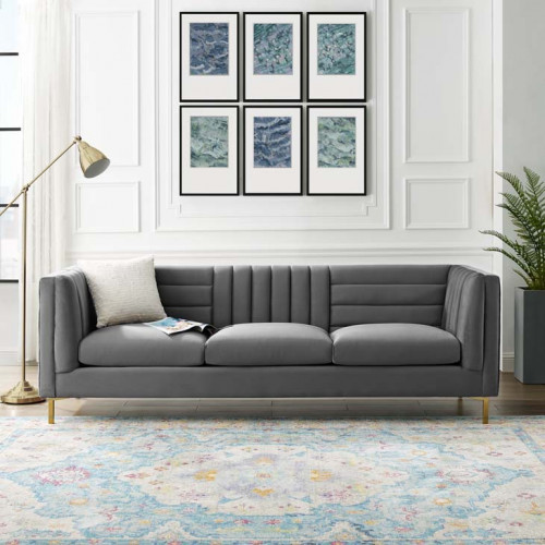 Grey Velvet Vertical & Horizontal Channel Tufted Sofa 