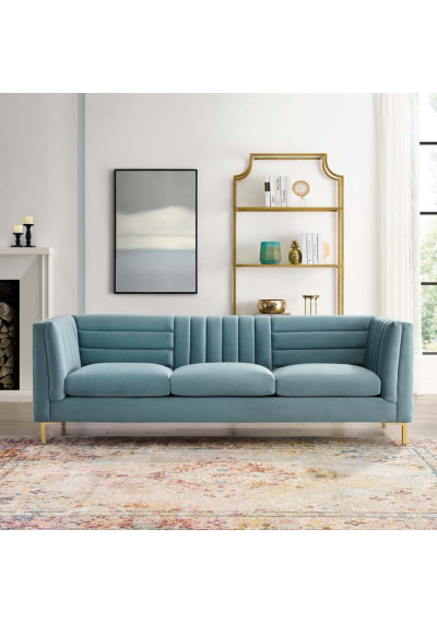 Light Blue Velvet Vertical & Horizontal Channel Tufted Sofa 