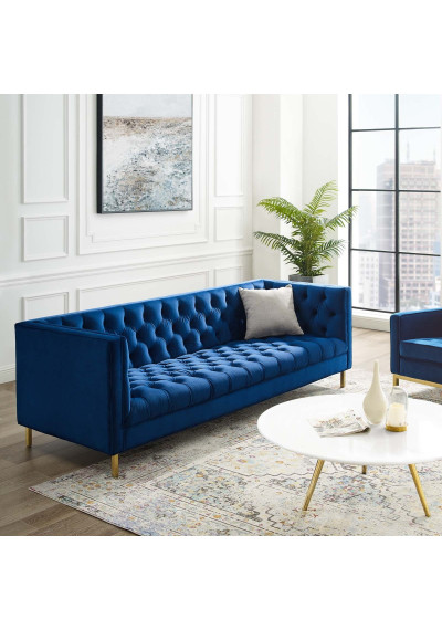 Deep Seated Diamond Tufted Blue Velvet Sofa 