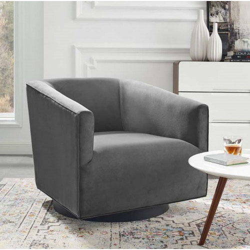 Grey Velvet Clean Line Swivel Lounge Chair