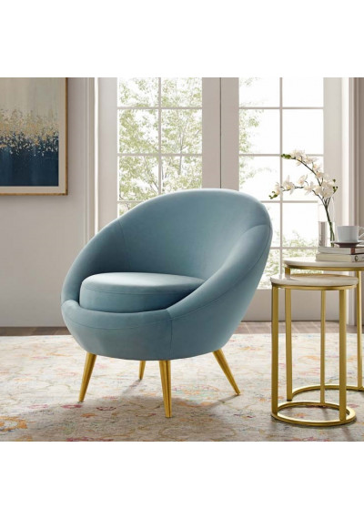 Llight Blue Velvet Round Shape Gold Legs Accent Chair