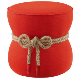 Bright Orange Red Fabric Rope Center Cinched Footstool Ottoman