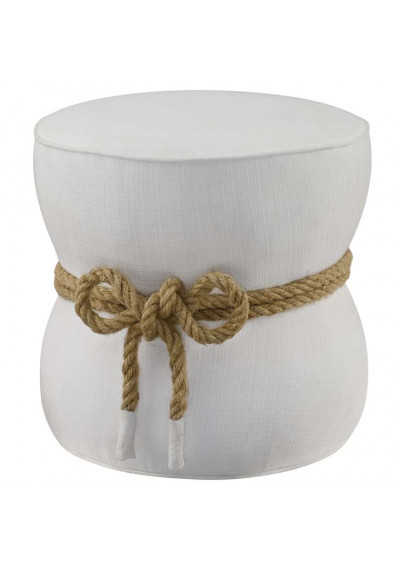 White Fabric Rope Center Cinched Footstool Ottoman