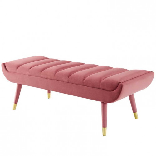 Dusty Pink Velvet Channel Tufted Mid Century Bench Gold Feet