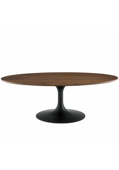 Dark Walnut Oval Top Black Base Mid Century Modern Coffee Table 