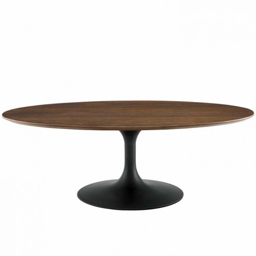 Dark Walnut Oval Top Black Base Mid Century Modern Coffee Table 