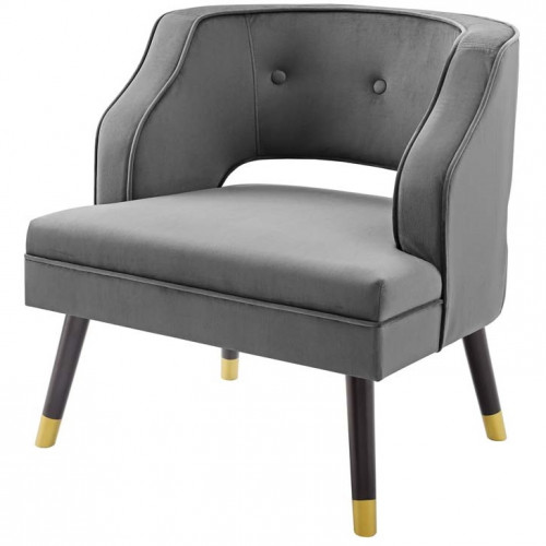 Grey Velvet Tufting & Piping Open Back Accent Chair