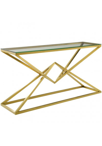 Brushed Gold Geometric Point Glass Top Console Table 