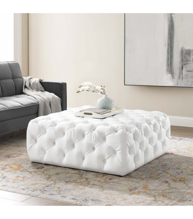White Faux Leather Totally Tufted, Large Square Leather Ottoman Coffee Table