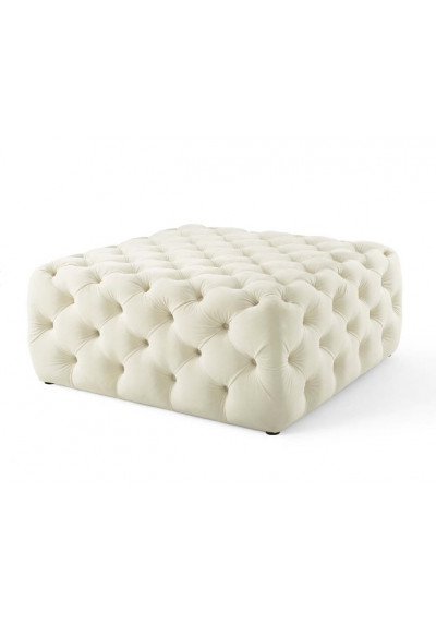Ivory Cream Velvet Totally Tufted Square Ottoman Coffee Table