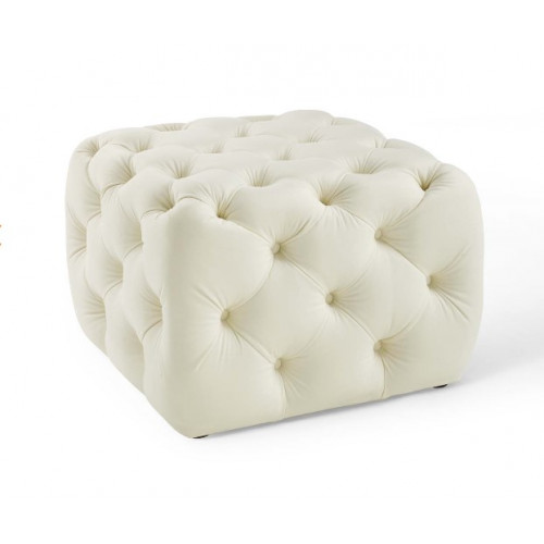 Ivory Cream Velvet Totally Tufted Square Ottoman Footstool
