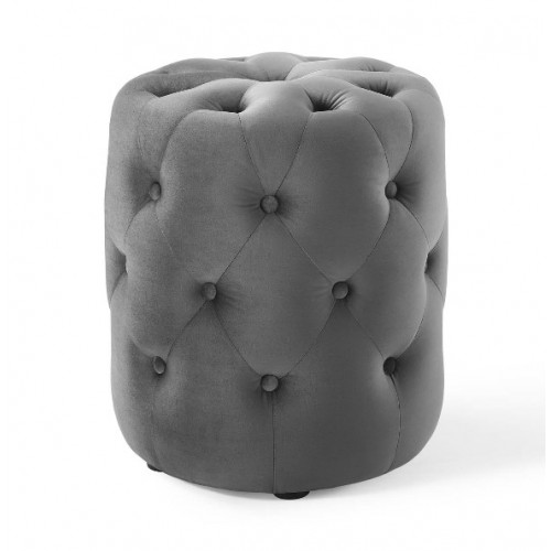 Silver Grey Velvet Totally Tufted Round Ottoman Footstool