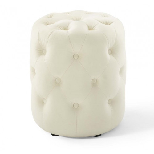 Ivory Cream Velvet Totally Tufted Round Ottoman Footstool