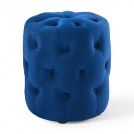 Blue Velvet Totally Tufted Round Ottoman Footstool
