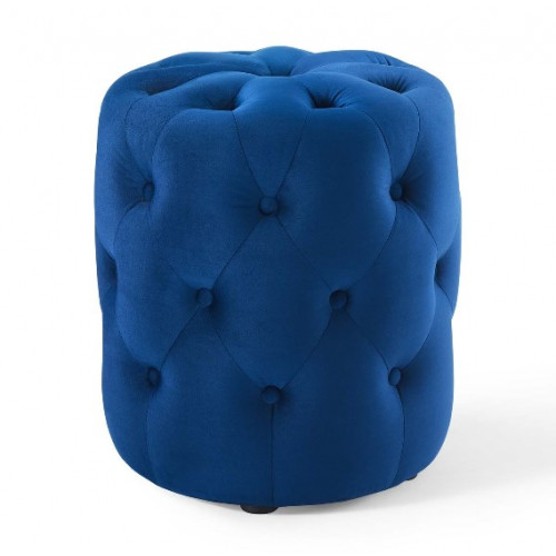 Blue Velvet Totally Tufted Round Ottoman Footstool