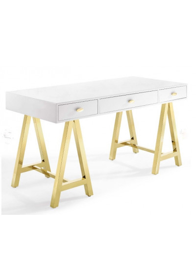 Glam High Gloss White Gold Metal Base Modern Desk