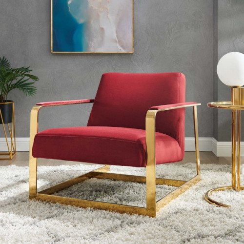 Red Maroon Velvet Square Gold Frame Arm Chair