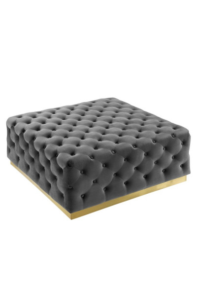 Grey Velvet Totally Tufted Square Ottoman Coffee Table Gold Base