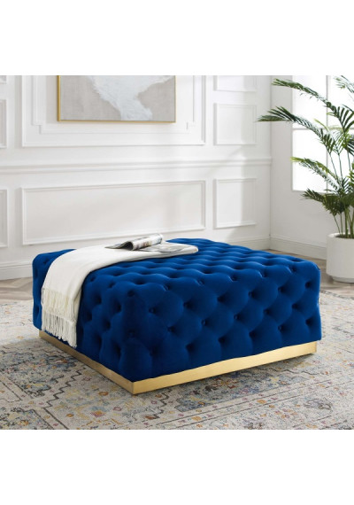 Blue Velvet Totally Tufted Square Ottoman Coffee Table Gold Base