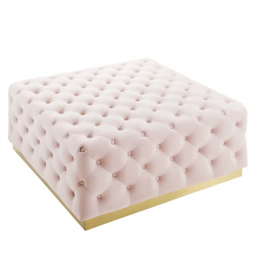 Soft Pink Velvet Totally Tufted Square Ottoman Coffee Table Gold Base