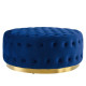 Blue Velvet Totally Tufted Round Ottoman Coffee Table Gold Base