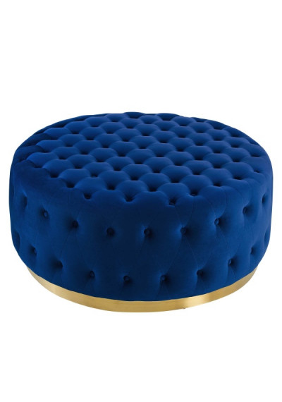 Blue Velvet Totally Tufted Round Ottoman Coffee Table Gold Base