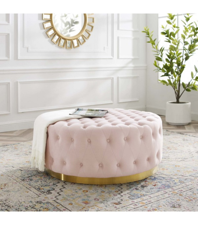 Soft Pink Velvet Totally Tufted Round, Round Ottoman Coffee Table Upholstered