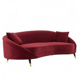 Maroon Wine Velvet Mid Century Curved Asymmetric Sofa 