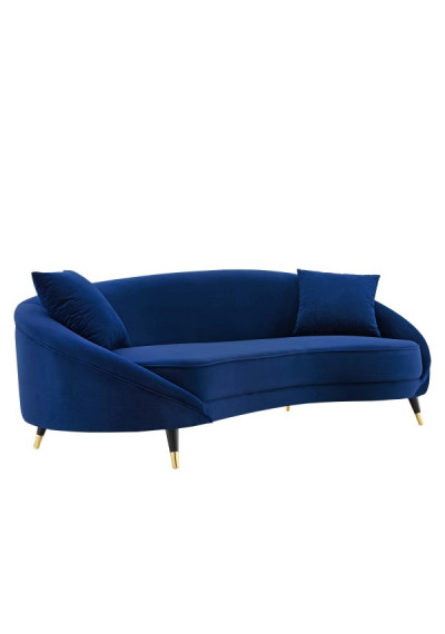 Blue Velvet Mid Century Curved Asymmetric Sofa 