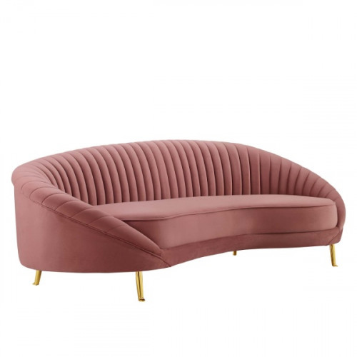 Dusty Pink Velvet Channel Tufted Back Curved Asymmetrical Sofa 