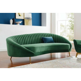 Green Velvet Channel Tufted Back Curved Asymmetrical Sofa 