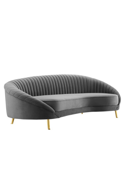 Grey Velvet Channel Tufted Back Curved Asymmetrical Sofa 