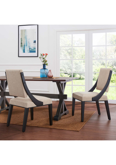 Beige Fabric Dark Wood Sloped Side Arm Dining Chairs Set of 2