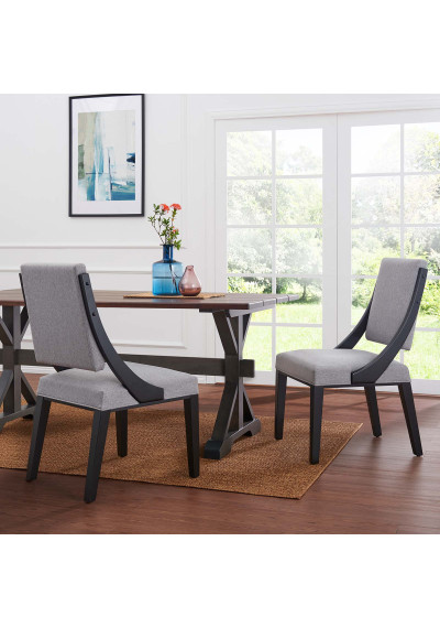 Light Grey Fabric Dark Wood Sloped Side Arm Dining Chairs Set of 2