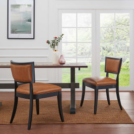 Brown Vegan Leather Dark Wood Accent Dining Chairs Set of 2