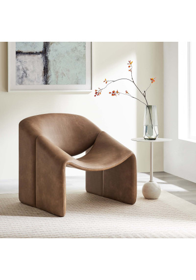 Contemporary Unique Curve Tan Vegan Leather Accent Chair