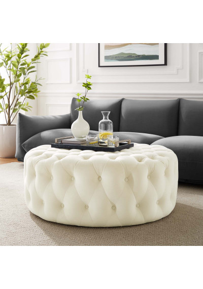 Ivory Velvet Totally Tufted Round Ottoman Coffee Table 