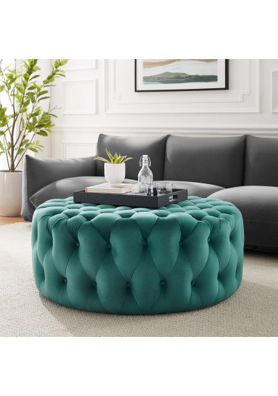 Teal Velvet Totally Tufted Round Ottoman Coffee Table 