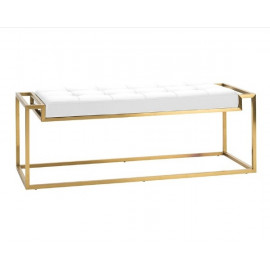 Brushed Gold Metal Frame White Faux Leather Tufted Bench