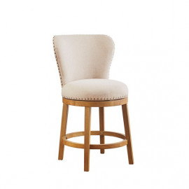 Exposed Wood Back Tan Beige Upholstered Swivel Counter Stool