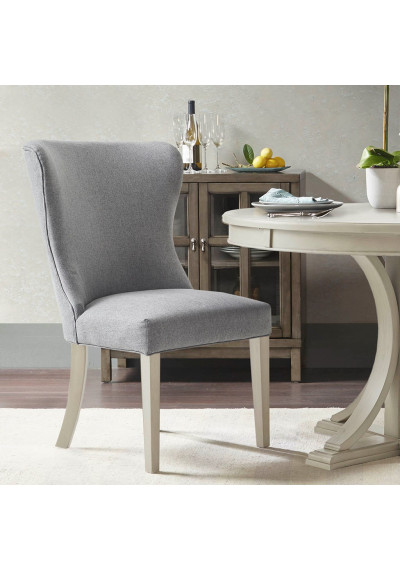 Light Grey Fabric Curved Back Sleek Dining Chairs Wood Legs 