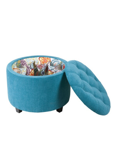 Blue Turquoise Fabric Round Storage Ottoman Footstool