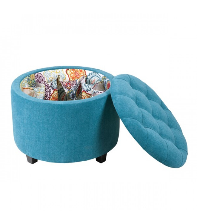 Blue Turquoise Fabric Round Storage, Turquoise Round Storage Ottoman